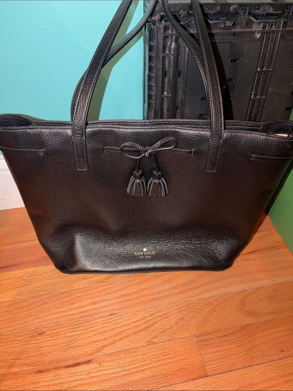 kate spade Black Pebbled Leather Tote with Tassel Bow